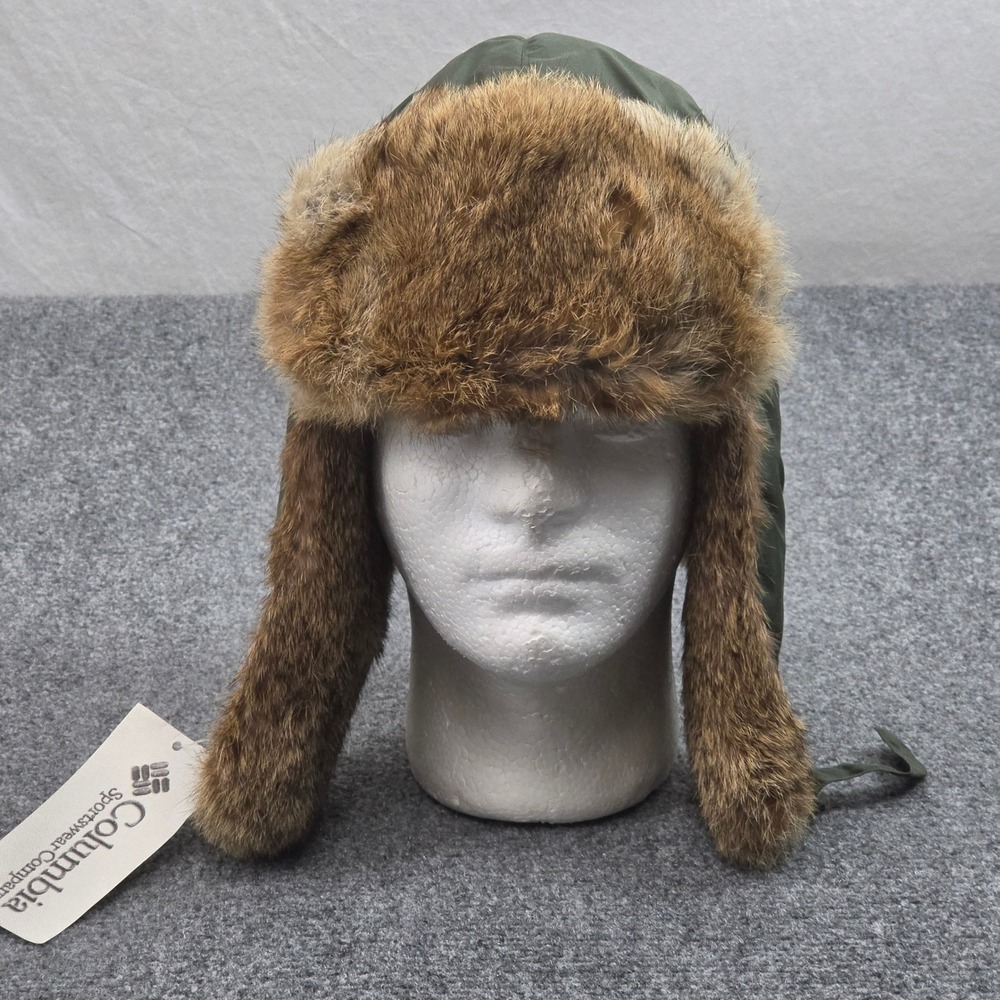 Columbia Trapper Hat Mens XL Green Rabbit Fur Trim Winter Ear Flap Aviator Cap